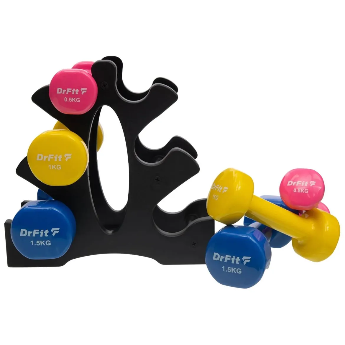 DrFit Zestaw 6 hantli 6 kg (2x0,5 kg różowy, 2x1 kg żółty, 2x1,5 kg niebieski) + stojak