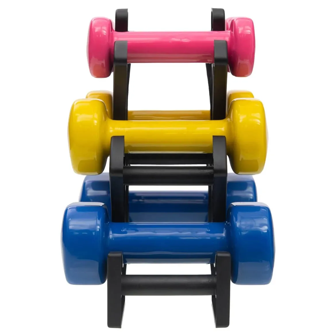 DrFit Zestaw 6 hantli 6 kg (2x0,5 kg różowy, 2x1 kg żółty, 2x1,5 kg niebieski) + stojak