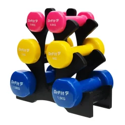 DrFit Zestaw 6 hantli 6 kg (2x0,5 kg różowy, 2x1 kg żółty, 2x1,5 kg niebieski) + stojak