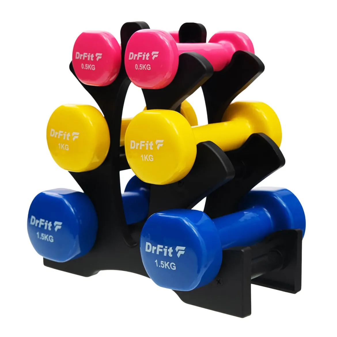 DrFit Zestaw 6 hantli 6 kg (2x0,5 kg różowy, 2x1 kg żółty, 2x1,5 kg niebieski) + stojak