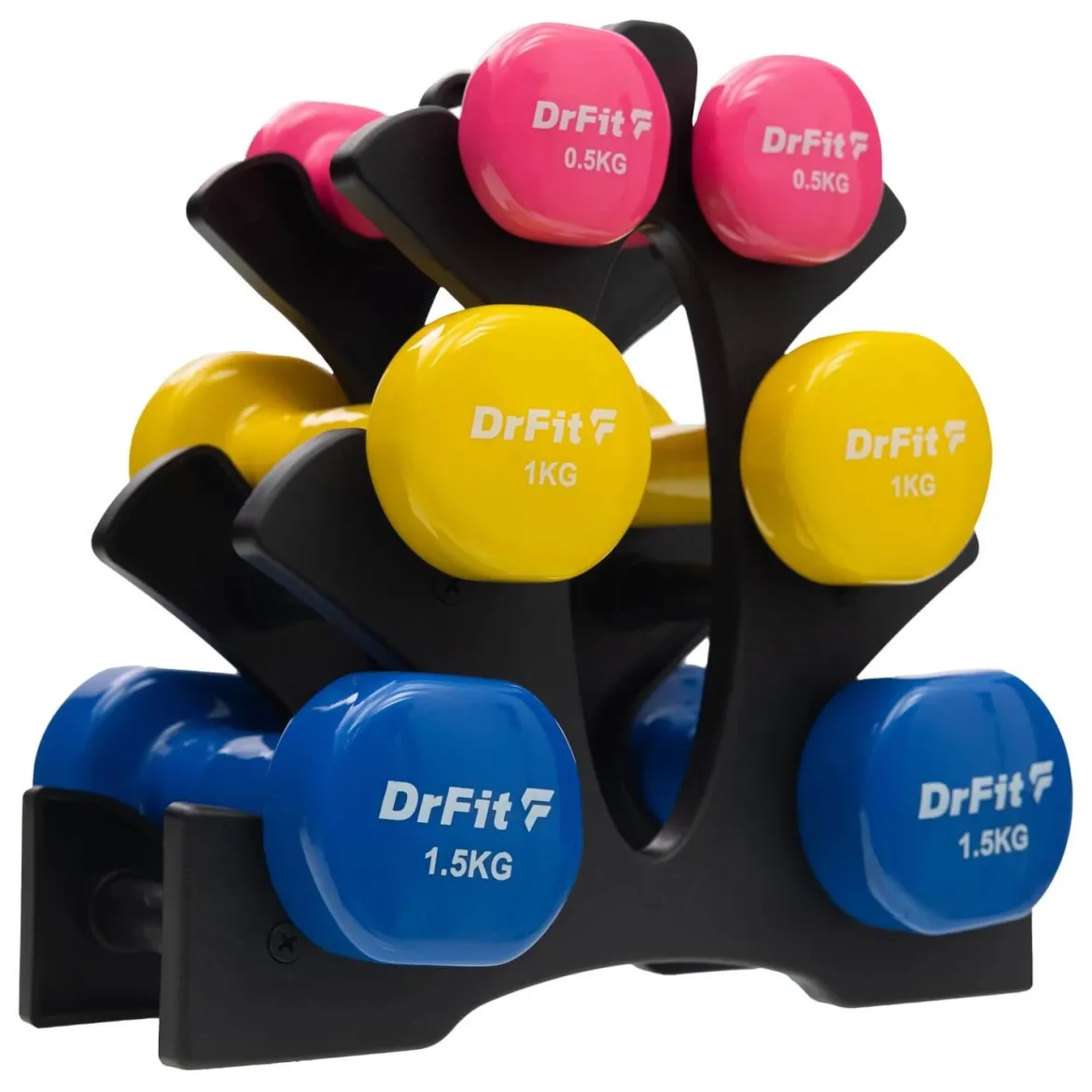 DrFit Zestaw 6 hantli 6 kg (2x0,5 kg różowy, 2x1 kg żółty, 2x1,5 kg niebieski) + stojak
