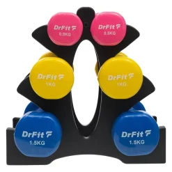 DrFit Zestaw 6 hantli 6 kg (2x0,5 kg różowy, 2x1 kg żółty, 2x1,5 kg niebieski) + stojak