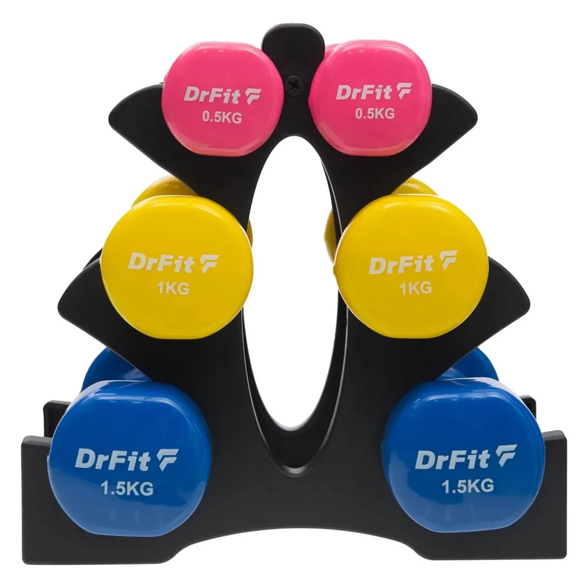DrFit Zestaw 6 hantli 6 kg (2x0,5 kg różowy, 2x1 kg żółty, 2x1,5 kg niebieski) + stojak