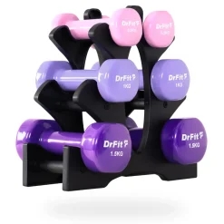 DrFit Zestaw 6 hantli (2x0,5 kg jasny różowy, 2x1 kg jasny fioletowy, 2x1,5 kg fioletowy) + stojak