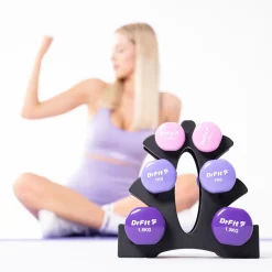 DrFit Zestaw 6 hantli (2x0,5 kg jasny różowy, 2x1 kg jasny fioletowy, 2x1,5 kg fioletowy) + stojak